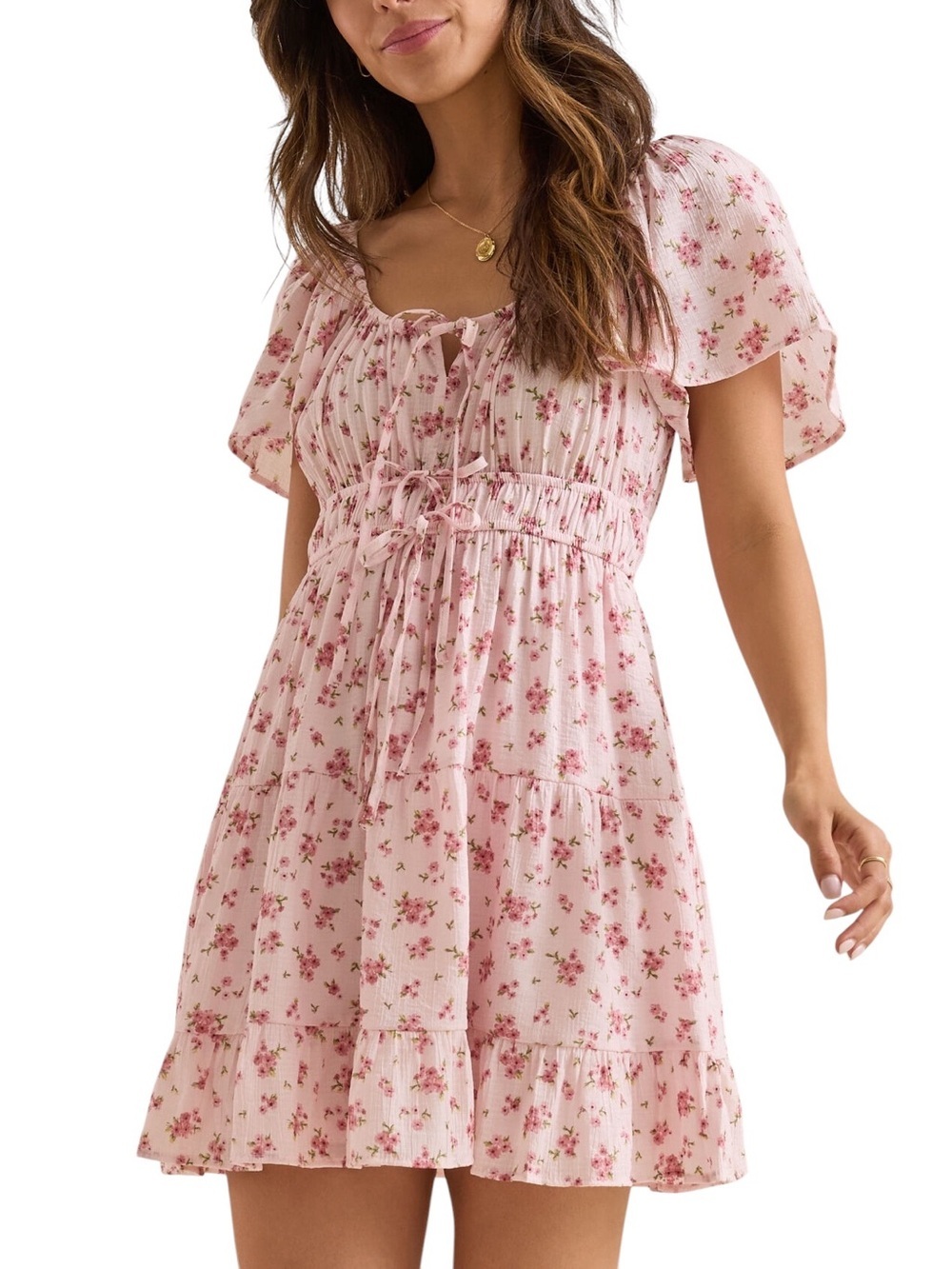 Blu Pepper Romantic Coquette Floral Pink Front Ties And Ruffles Mini Dress Small - Picture 1 of 7